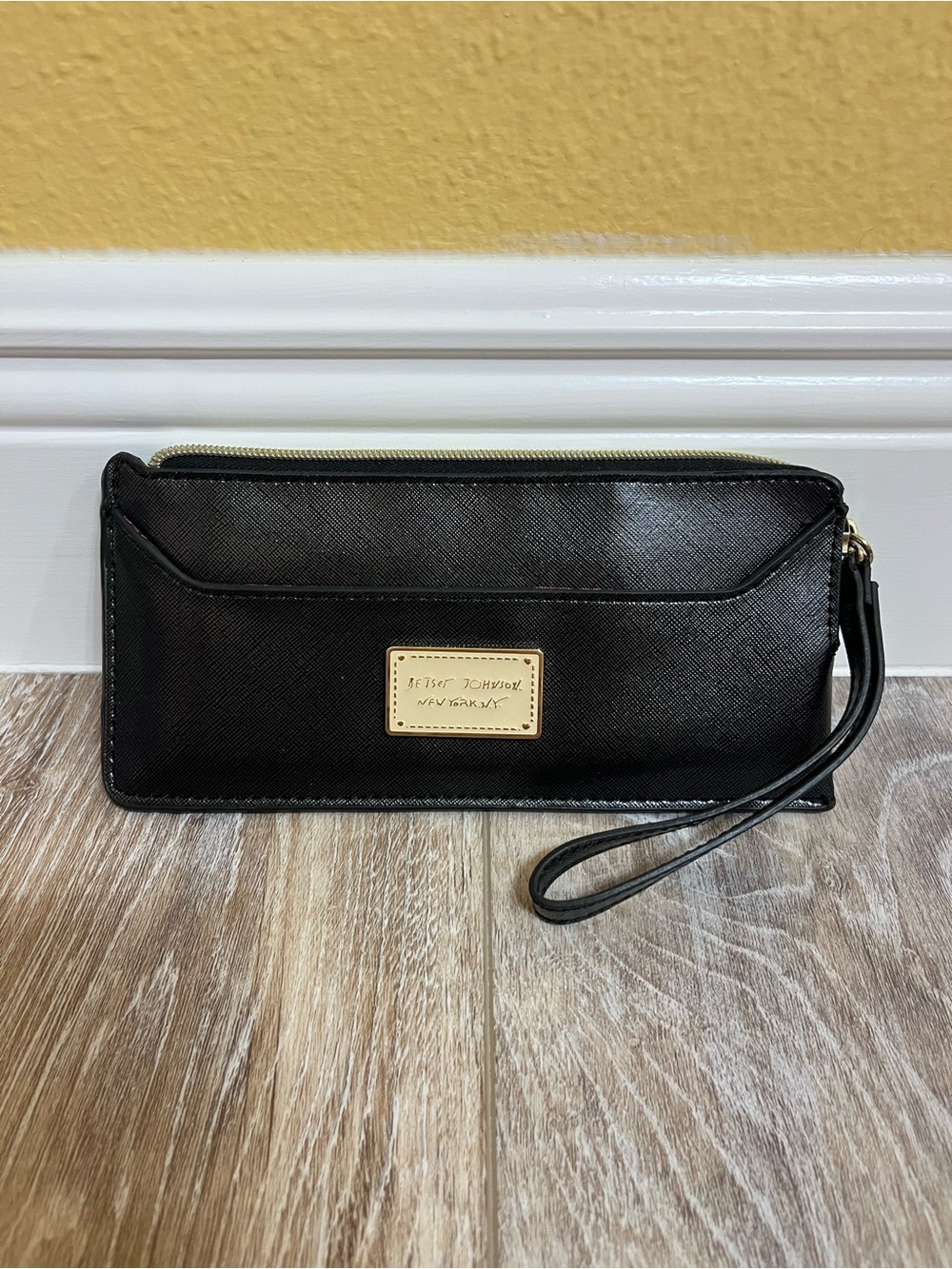 Betsey Johnson Black Leather Wristlet with Gold Plaque